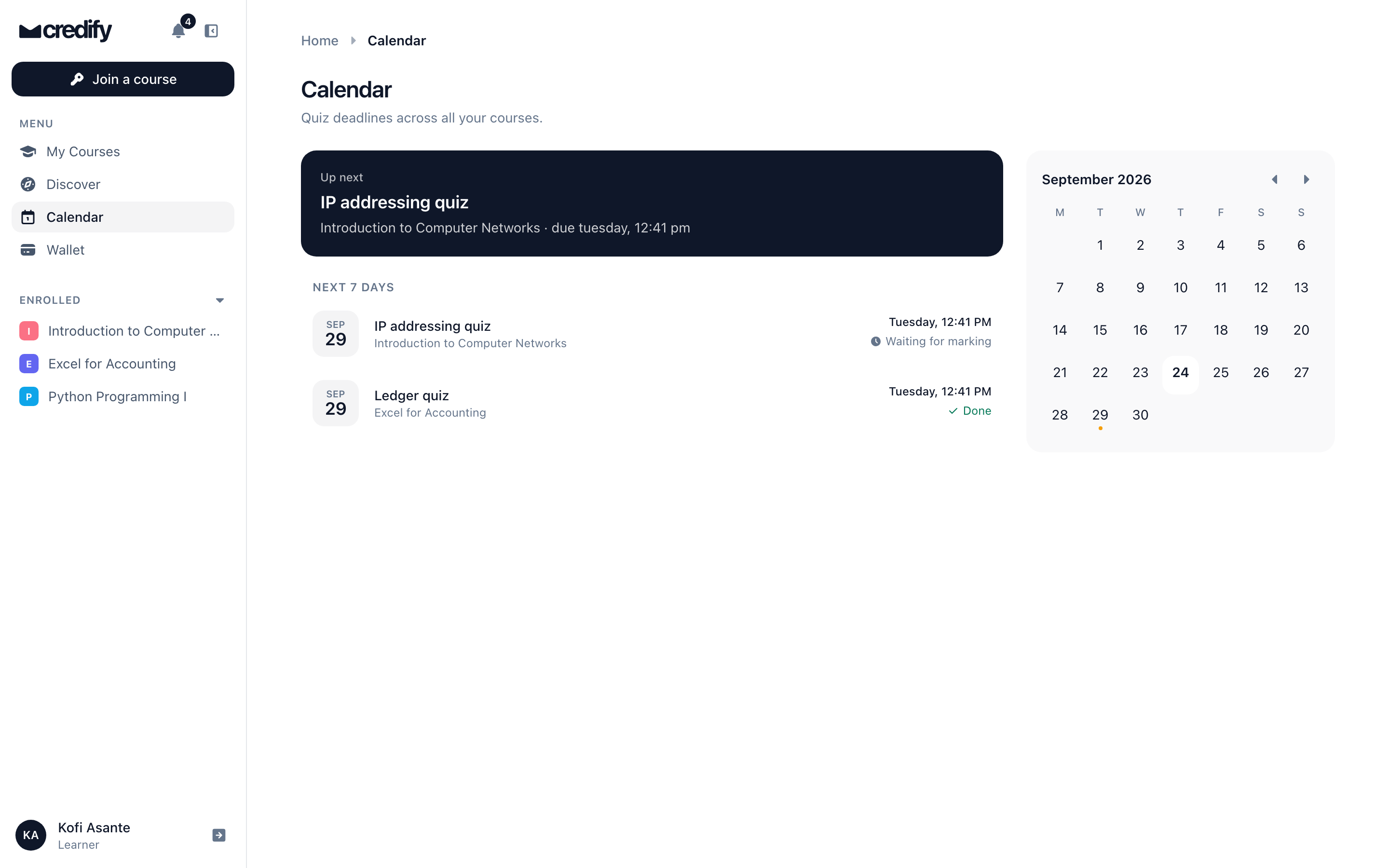 The Credify learner calendar with upcoming quiz deadlines