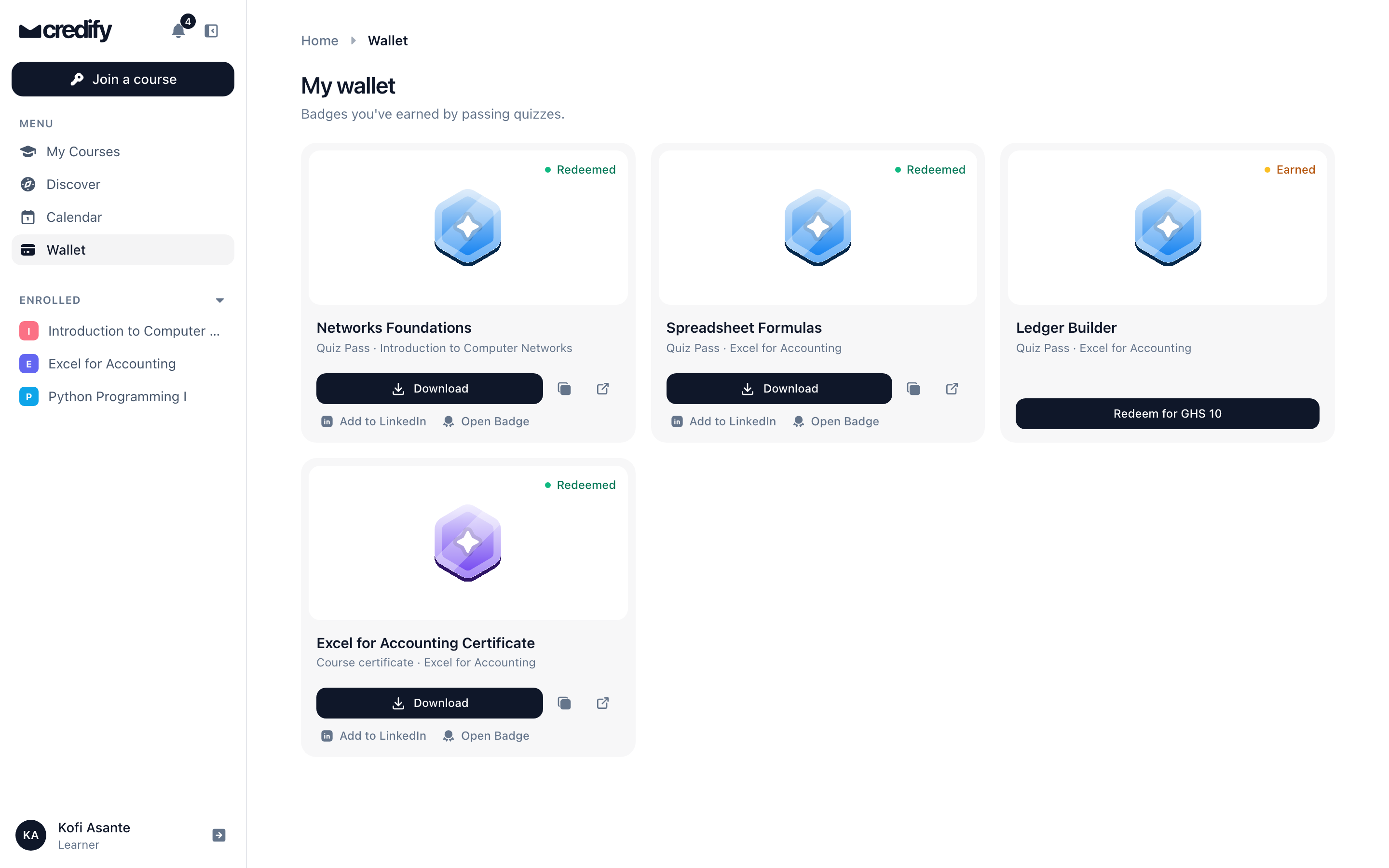A learner’s Credify wallet with redeemed badges and a course certificate